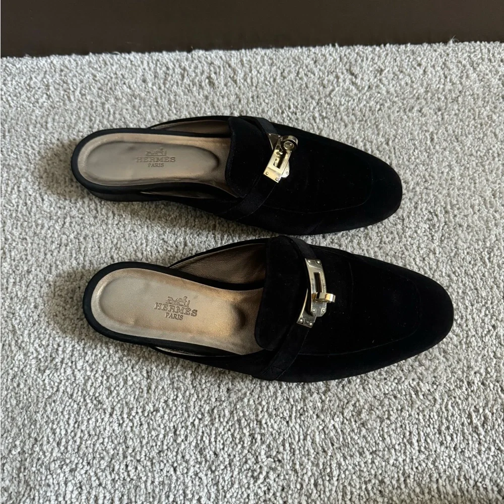 Hermes Black Mules with Gold Accent - Picture 2 of 5